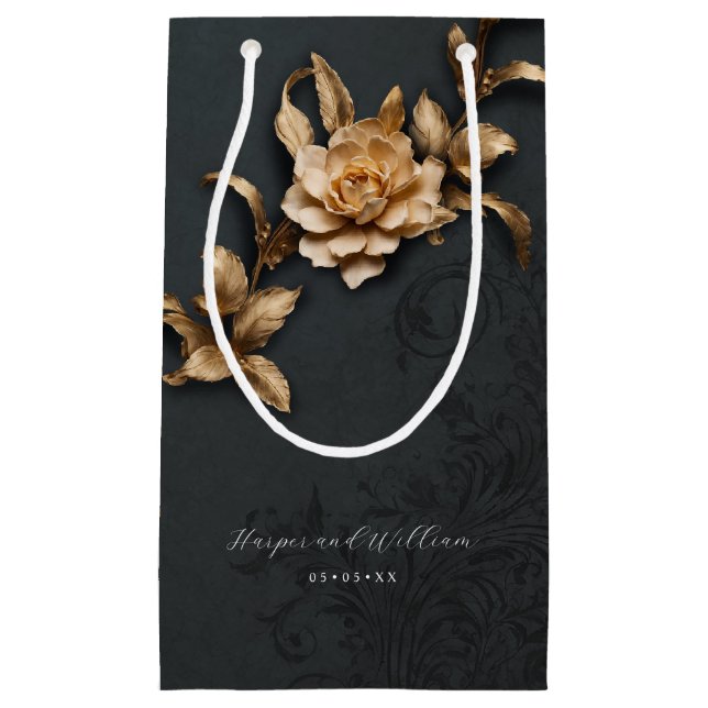 Petit Sac Cadeau Mariage au feuillage doré ornementé (Devant)