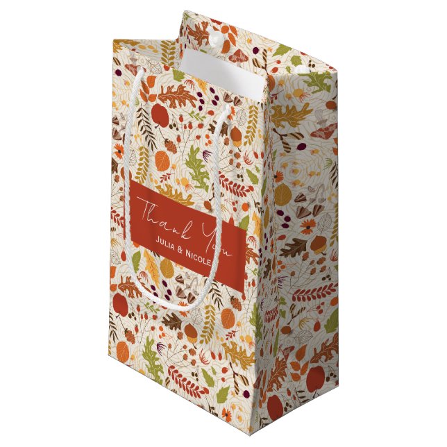 Petit Sac Cadeau Mariage Bohème Automnal aux Cascades Florales Rust (Devant Angle)