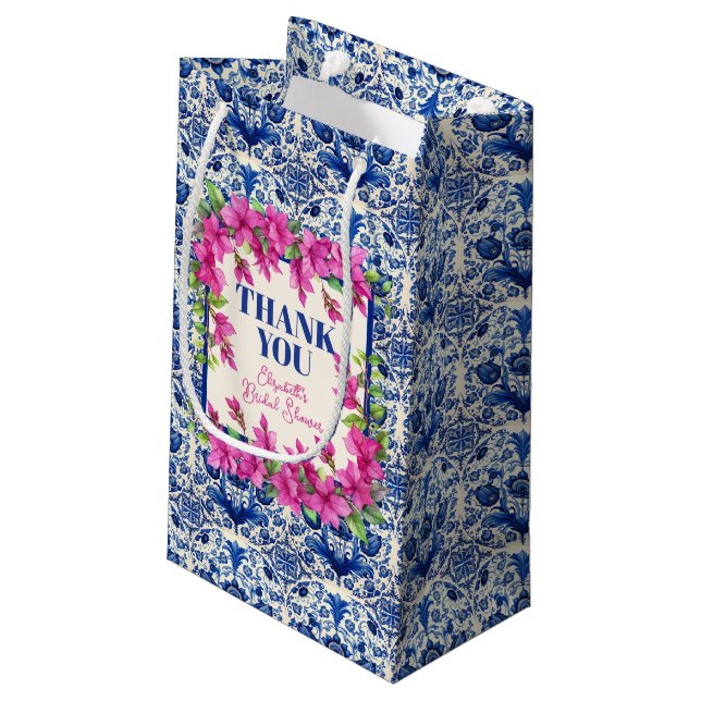 Petit Sac Cadeau Mariage bougainvillée rose et carrelage bleu (Dos Angle)