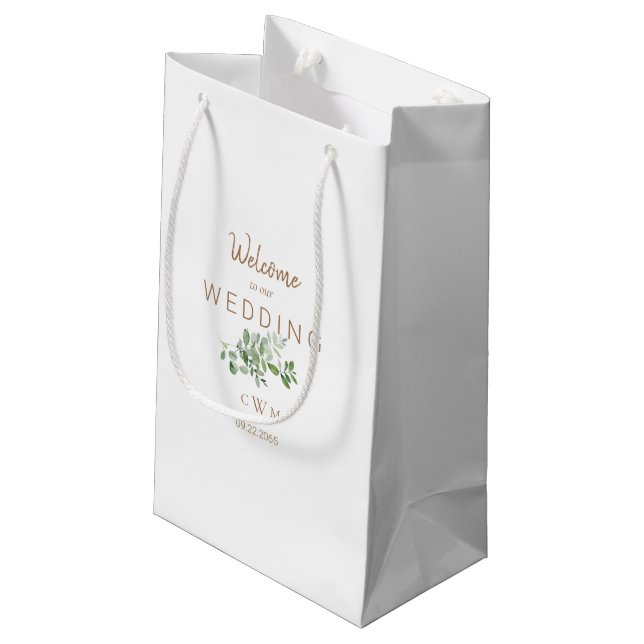 Petit Sac Cadeau Mariage Faveur Blanc & Or Monogramme Foliage (Dos Angle)