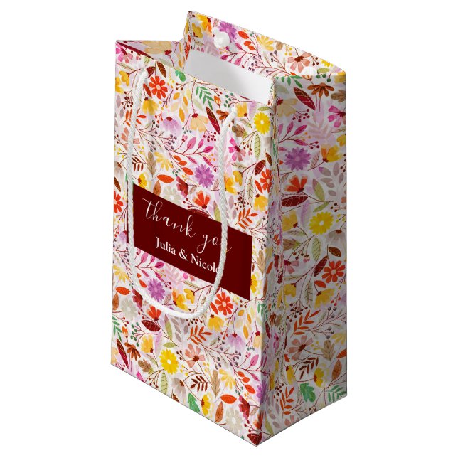 Petit Sac Cadeau Mariage Fleurs de Tulipe Printanières Orange Bleu  (Devant Angle)