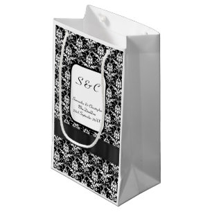 Petit Sac Cadeau Mariage personnalisé noir et blanc damassé