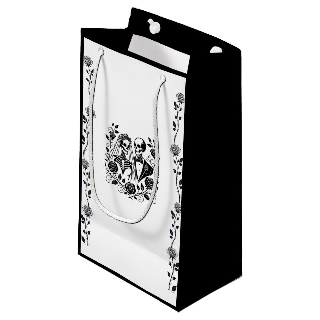 Petit Sac Cadeau Mariage squelette floral rose noir et blanc  (Devant Angle)