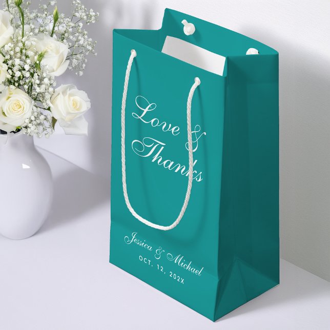 Petit Sac Cadeau Mariage turquoise Script Love & Thanks Simple Blue (Créateur téléchargé)