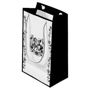 Petit Sac Cadeau Mariage vignes roses florales squelette blanc noir