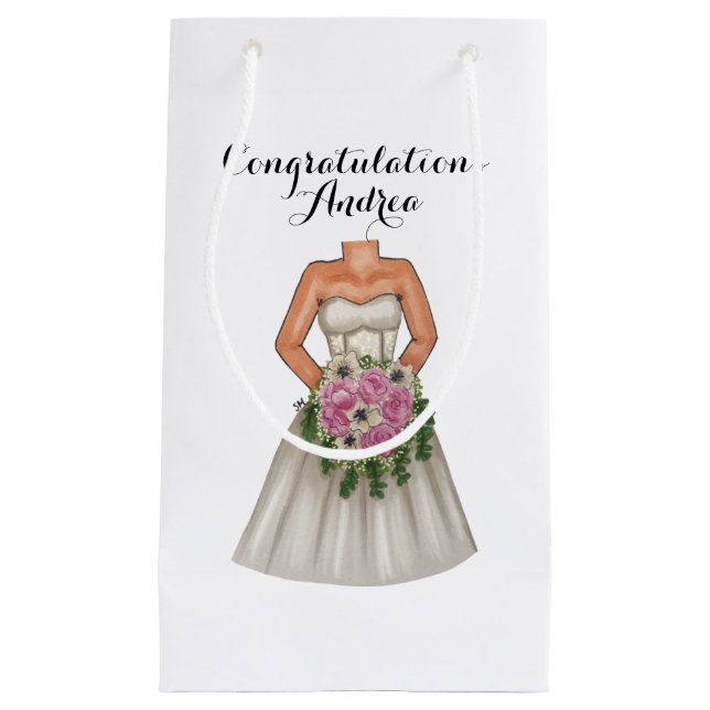 Petit Sac Cadeau Mariée mariage avec fleurs de bouquet rose (Devant)