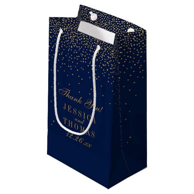 Petit Sac Cadeau Marine Blue & Glam Gold Confetti Mariage Faveur (Devant Angle)