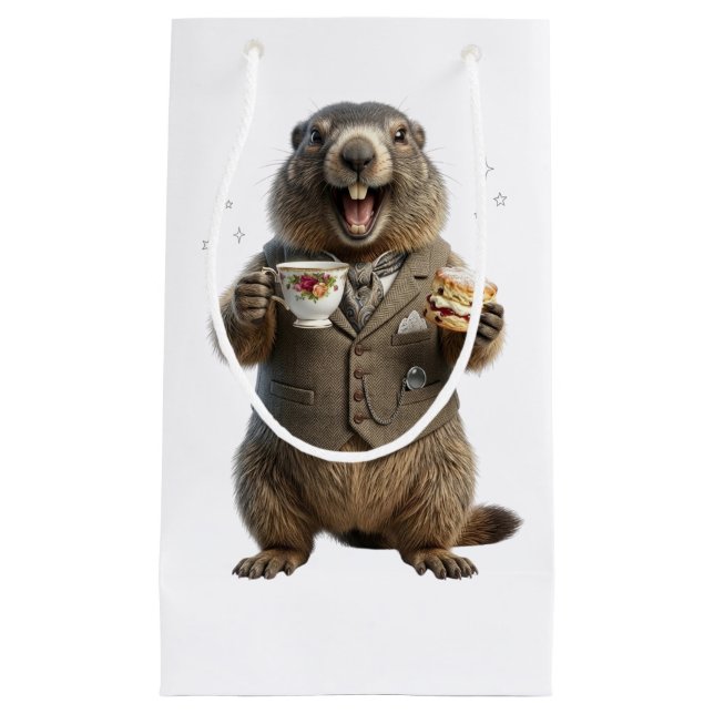 Petit Sac Cadeau Marmotte buvant du thé (Devant)