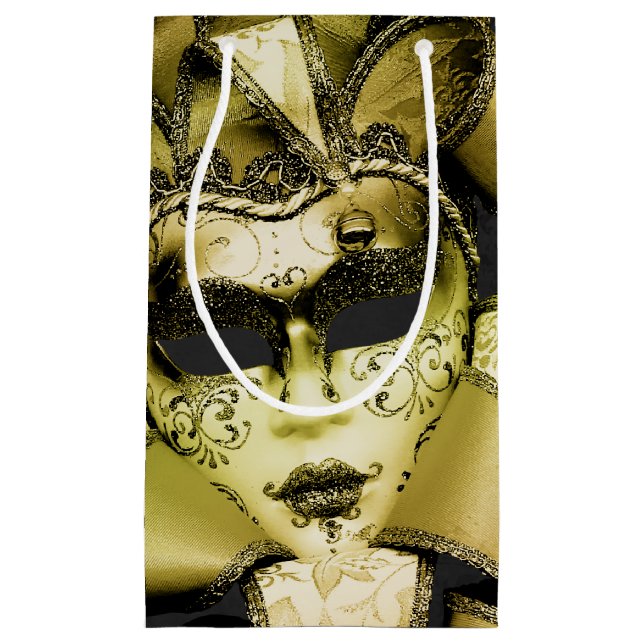 Petit Sac Cadeau Mascarade Mardi Gras Or Brossé (Devant)