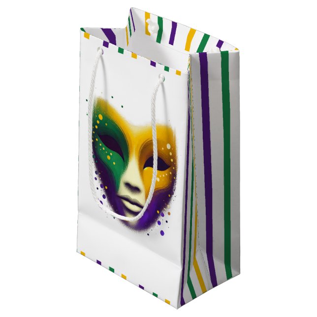 Petit Sac Cadeau Masque Mardi Gras jaune violet (Devant Angle)