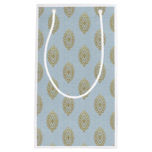 Petit Sac Cadeau Médaillon Ikat Glittery - Sky Blue & Gold (Devant)