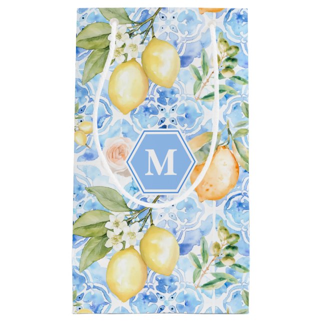 Petit Sac Cadeau Mediterranean Blue Tile Limoncello Monogram Name (Devant)