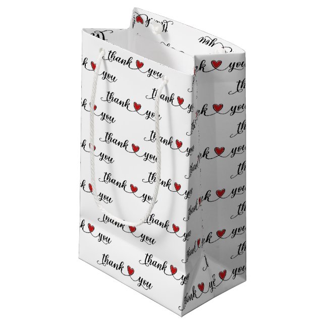 Petit Sac Cadeau Merci coeurs rouges sur fond blanc (Devant Angle)