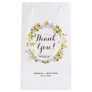 Petit Sac Cadeau Merci de la couronne fleurie jaune et gris