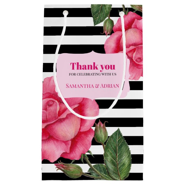 Petit Sac Cadeau Merci Rose Rose Aquarelle Noir Blancs (Devant)