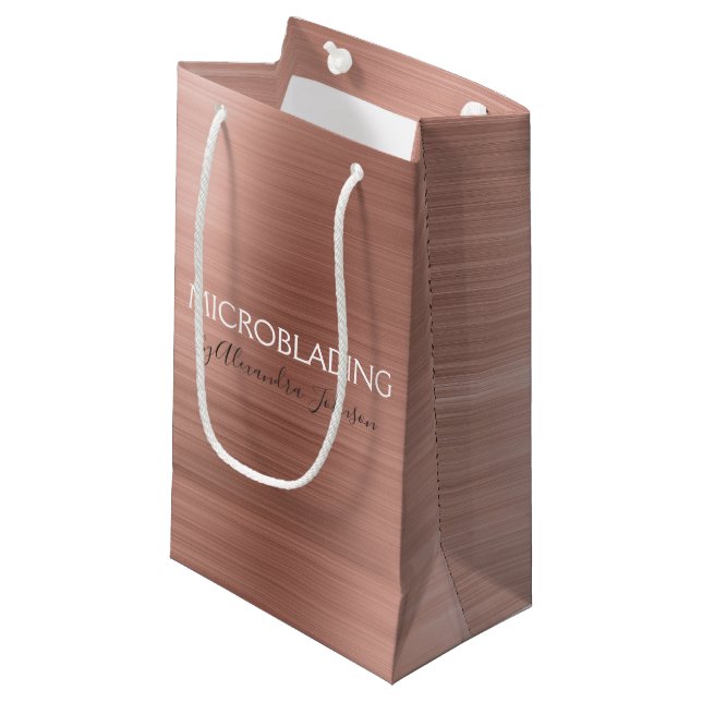 Petit Sac Cadeau Microblading en métal brossé rose et Rose (Devant Angle)