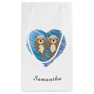 Petit Sac Cadeau Mignonnes loutres au coeur bleu dans l'Arrière - p