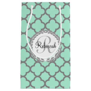 Petit Sac Cadeau Mint Green Grey Quatrefoil Nom Monogramme Laurel