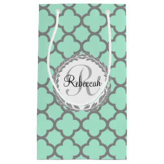 Petit Sac Cadeau Mint Green Grey Quatrefoil Nom Monogramme Laurel