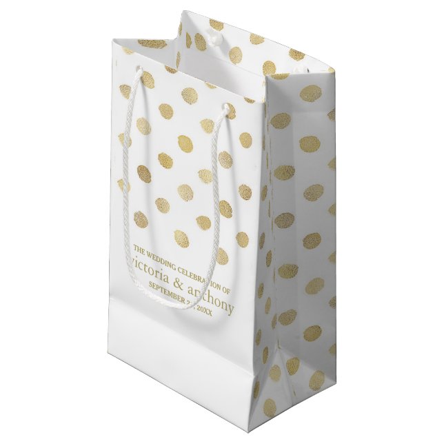 Petit Sac Cadeau Moderne Blanc & Or Pois mariage Faveur (Devant Angle)
