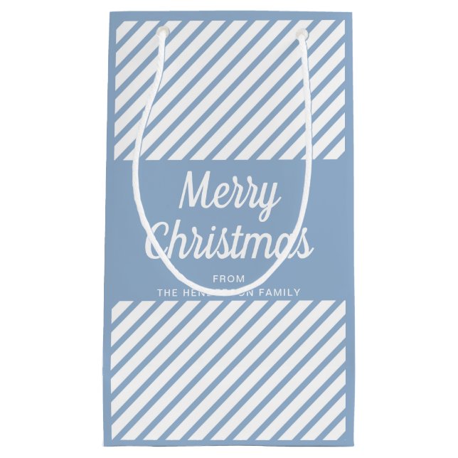 Petit Sac Cadeau Moderne Joyeux Noël écriture rayures bleues (Devant)
