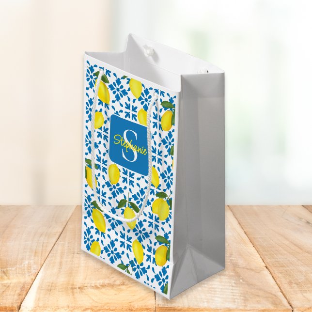 Petit Sac Cadeau Monogram Blue Tile French Country Lemon Pattern  (Créateur téléchargé)