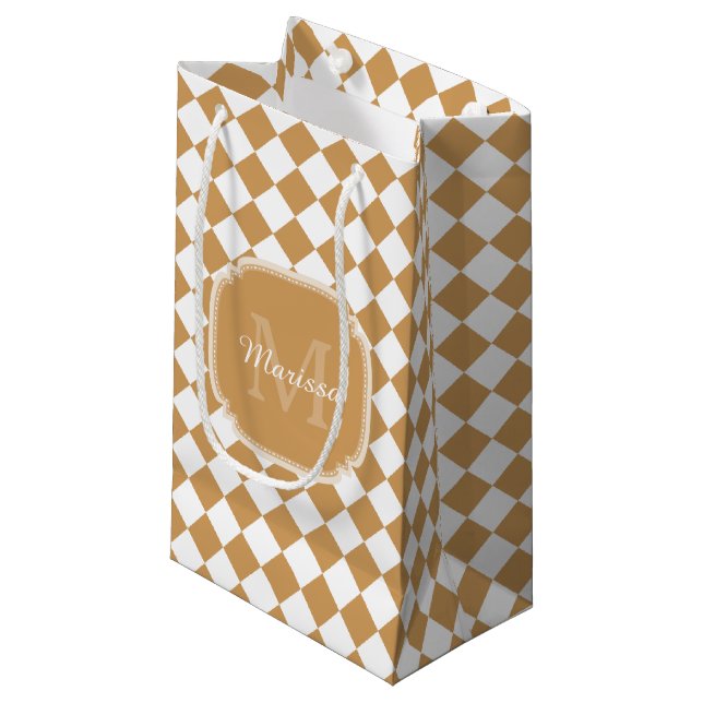 Petit Sac Cadeau Monogramme à carreaux jaune vergeoise avec nom (Devant Angle)