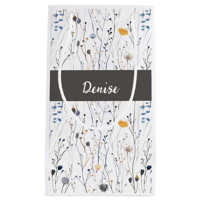 Petit Sac Cadeau Monogramme aquarelle de fleur sauvage bleu gris (Devant)