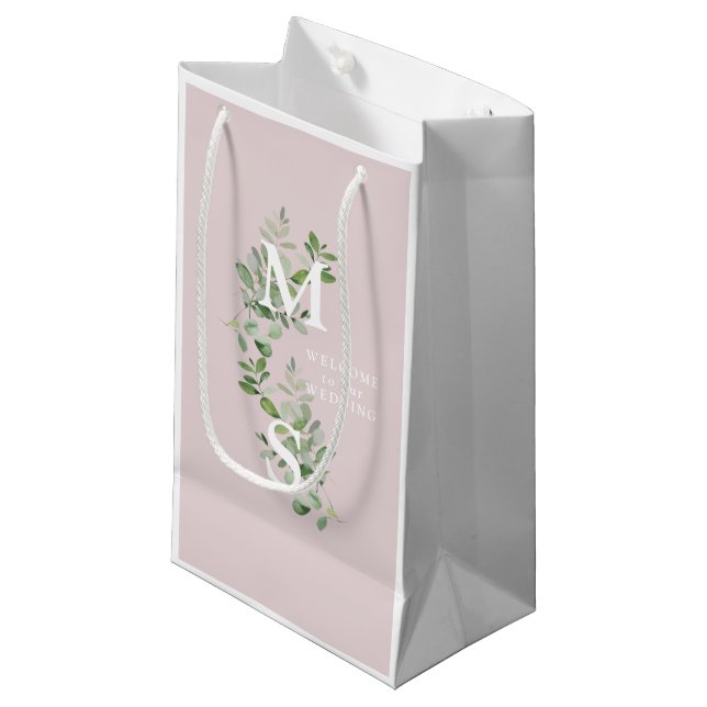 Petit Sac Cadeau Monogramme blanc Eucalyptus Mariage rose Bienvenue (Devant Angle)