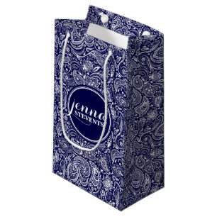 Petit Sac Cadeau Monogramme bleu foncé et blanc Vintage Paisley 2