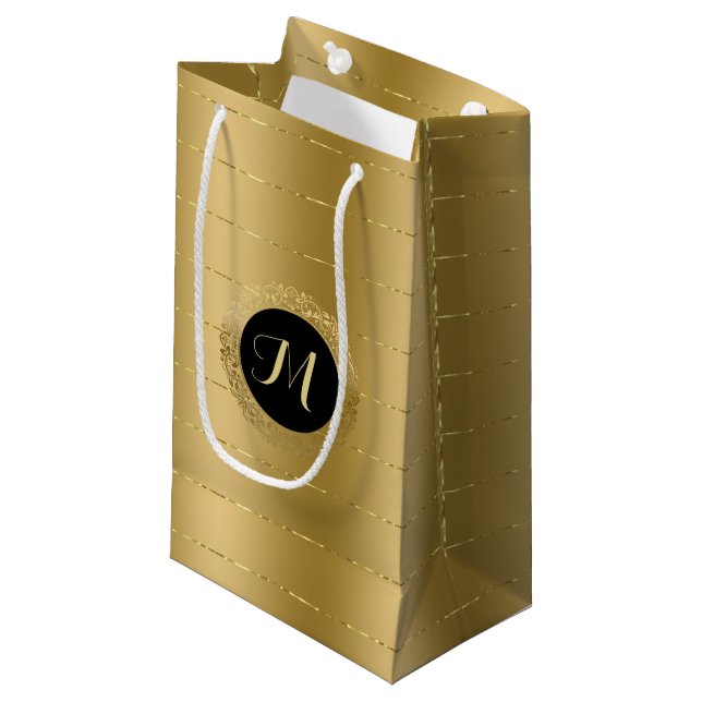 Petit Sac Cadeau monogramme brillant à bandes faux or (Devant Angle)