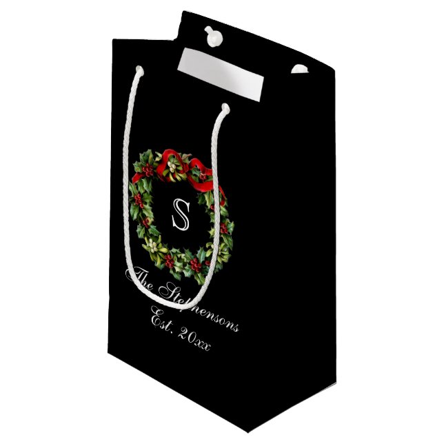 Petit Sac Cadeau Monogramme classique Holly Wreath Custom Christmas (Devant Angle)