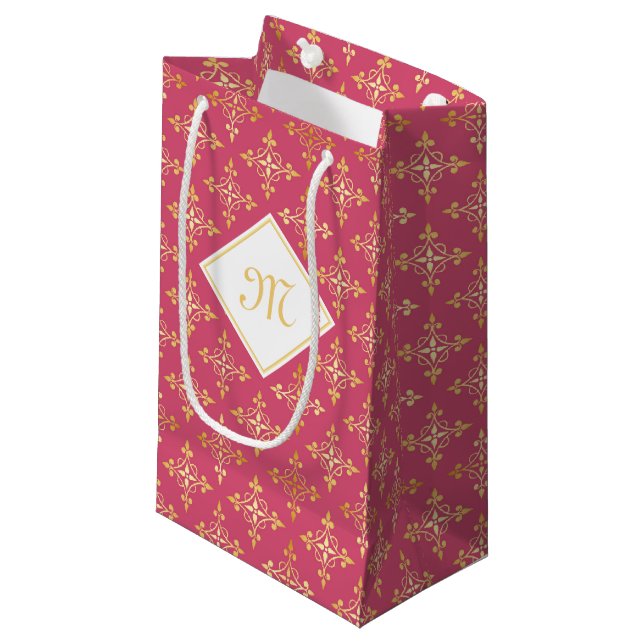 Petit Sac Cadeau Monogramme de luxe rose et or Quatre Floral (Devant Angle)