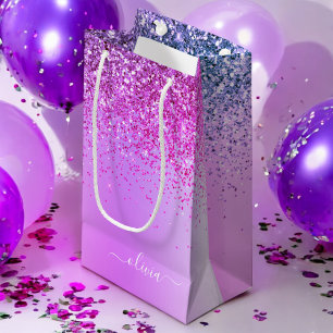 Petit Sac Cadeau Monogramme de nom en métal scintillant paillettes