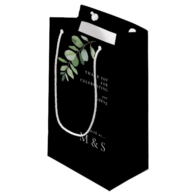 Petit Sac Cadeau Monogramme Eucalyptus Merci Mariage noir (Devant Angle)