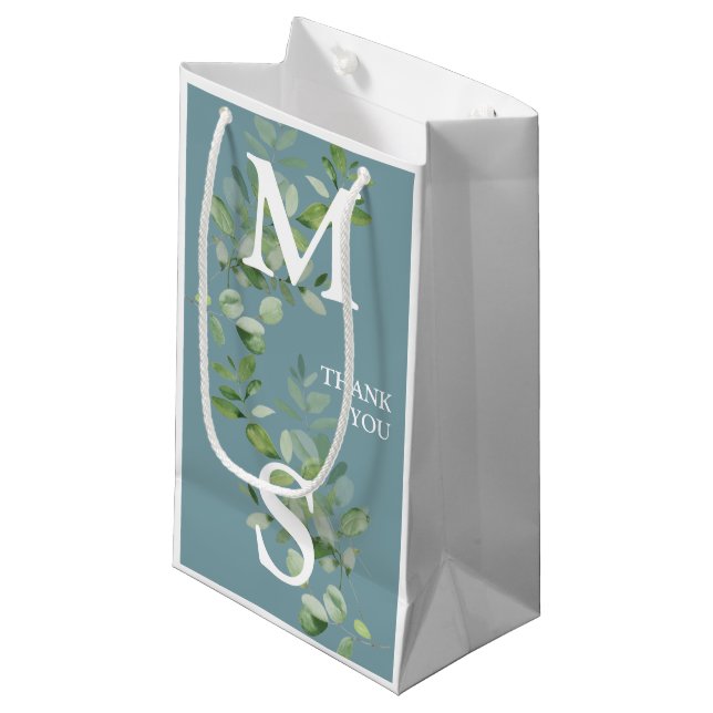 Petit Sac Cadeau Monogramme Eucalyptus Sage Mariage Faveur Cadeau S (Devant Angle)