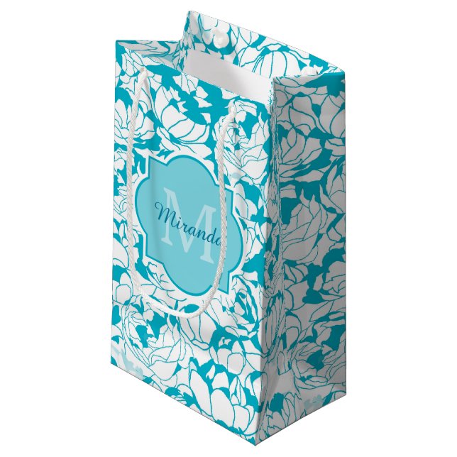 Petit Sac Cadeau Monogramme Floral Turquoise Moderne Avec Nom (Devant Angle)