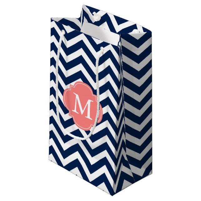 Petit Sac Cadeau Monogramme Motif de Zigzag bleu et corail (Devant Angle)