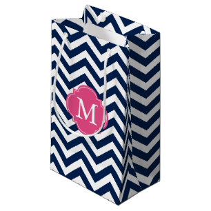 Petit Sac Cadeau Monogramme Motif de Zigzag bleu et rose chaud