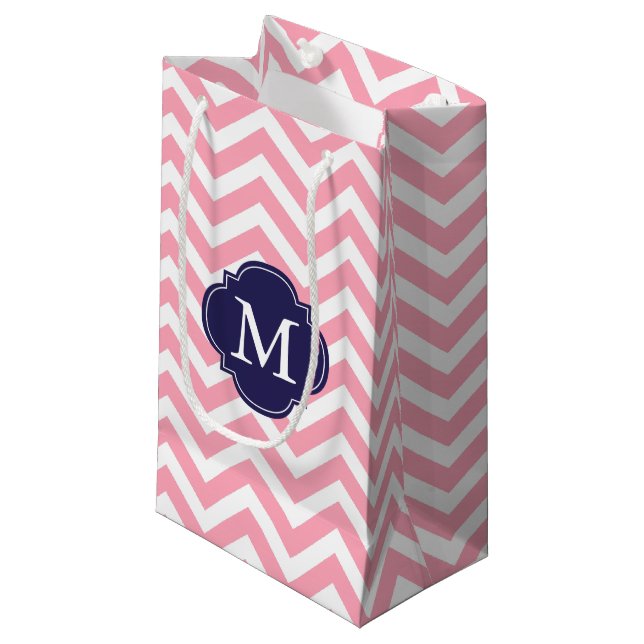 Petit Sac Cadeau Monogramme Motif rose et bleu Zigzag (Devant Angle)