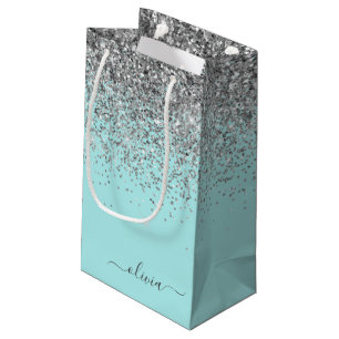 Petit Sac Cadeau Monogramme Pailleté Bleu Aqua Turquoise Argent