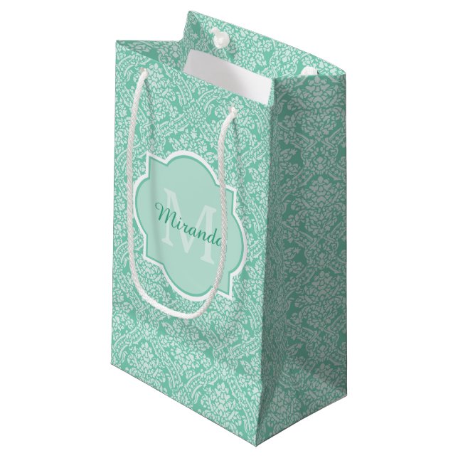 Petit Sac Cadeau Monogramme vert de menthe élégant avec nom (Devant Angle)