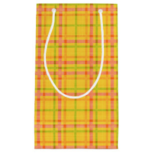 PETIT SAC CADEAU MOTIF À CARREAUX JAUNE ORANGE VERT ROSE
