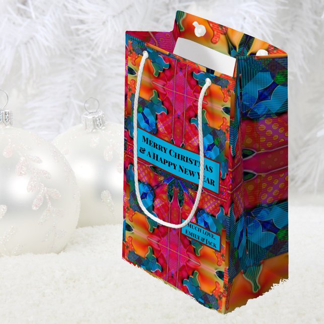 Petit Sac Cadeau Motif d'aquarelle géométrique moderne rouge et ble (Gift bag featuring a modern abstract geometric design in a watercolor style in blue and red)