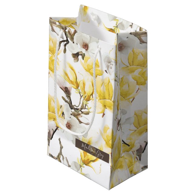 Petit Sac Cadeau Motif d'aquarelle jaune et blanc Magnolia Blossom (Devant Angle)