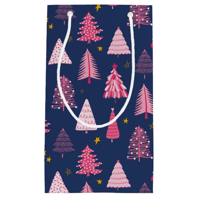 Petit Sac Cadeau Motif d'arbre de Noël bleu et rose (Devant)