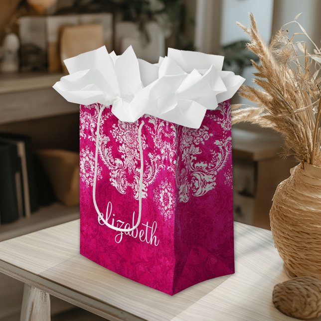 Petit Sac Cadeau Motif de Damas de Grunge rose chaud Texte personna (Custom Gift Bag)