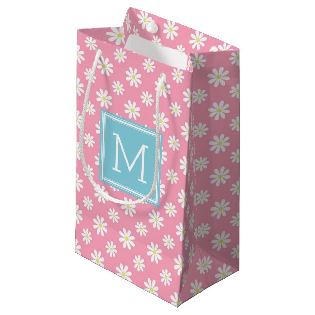Petit Sac Cadeau Motif de marguerites roses et bleues personnalisée (Devant Angle)