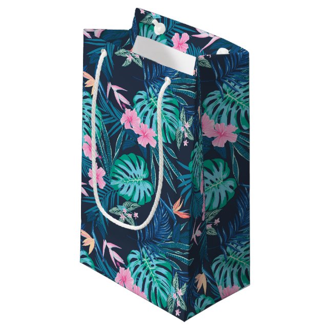 Petit Sac Cadeau Motif du Jardin des Fleurs Tropicales Bleues (Devant Angle)