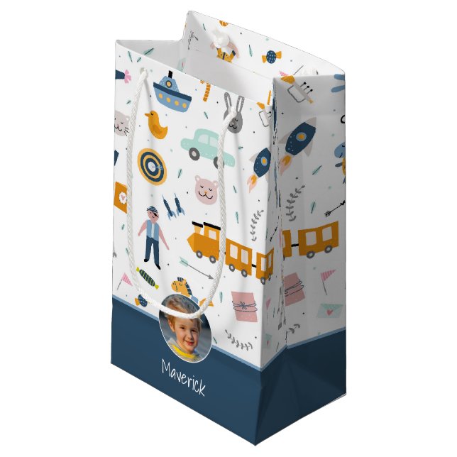 Petit Sac Cadeau Motif enfant mignon Photo et nom Boy Blue (Devant Angle)